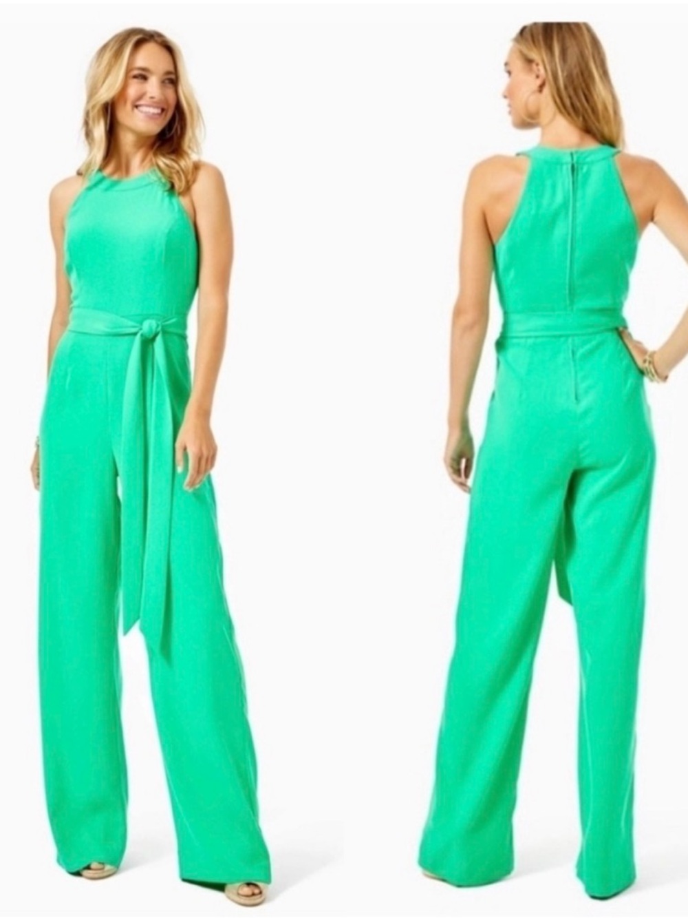 Lilly Pulitzer Perci Sleeveless High-Neck Wide-Leg Jumpsuit in Green